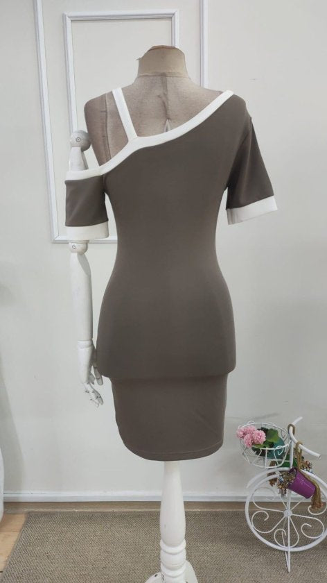 Rochie din modal pentru femei, mânecă scurtă, guler asimetric cu detaliu bandă și accesoriu, 36103