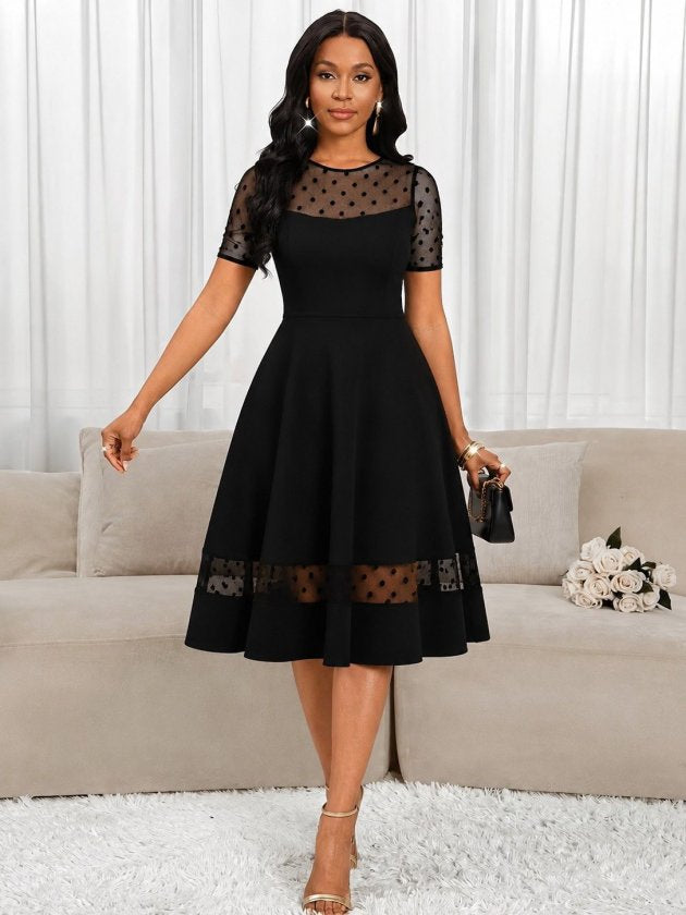 Rochie Midi Krep Janjan Dama cu Mânecă Scurtă, Guler Rotund și Detalii Tul cu Buline, 36153