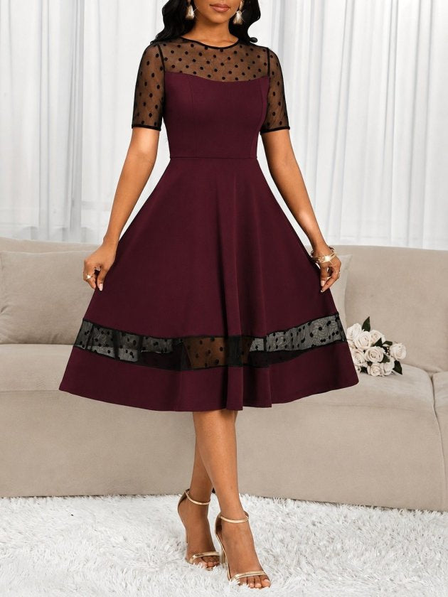 Rochie midi femininǎ din Janjan Krep, cu mâneci scurte, guler în crâu, detaliu din tulle cu puncte, 36154