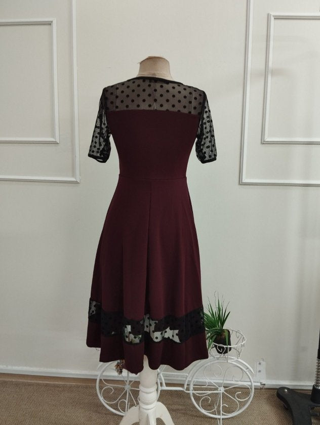 Rochie midi femininǎ din Janjan Krep, cu mâneci scurte, guler în crâu, detaliu din tulle cu puncte, 36154