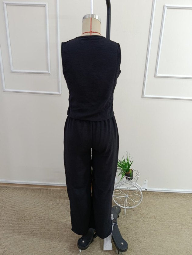 Compleu feminin din Aerobine, fără mâneci, guler V, bluza și pantaloni, 36156