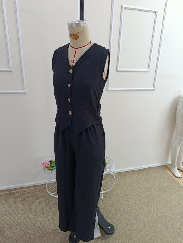 Compleu feminin din Aerobine, fără mâneci, guler V, bluza și pantaloni, 36156