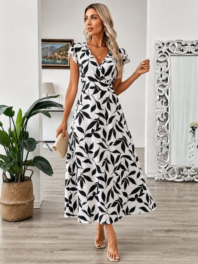 Rochie lungă femininǎ din Super cu model, cu mâneci scurte, guler în cruce, 36181