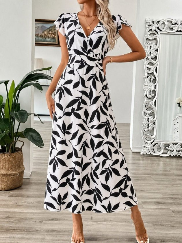 Rochie lungă femininǎ din Super cu model, cu mâneci scurte, guler în cruce, 36181