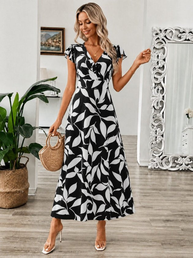Rochie lungă cu imprimeu, cu mânecă scurtă, cu decolteu petrecut, damă, 36183