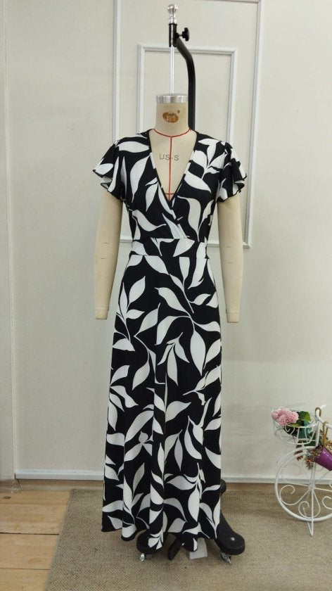 Rochie lungă cu imprimeu, cu mânecă scurtă, cu decolteu petrecut, damă, 36183