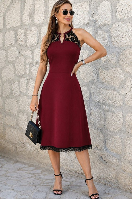 Rochie midi femininǎ din Vizcoză cu dantelă, cu umeri descoperiți, detaliu cu inel la gât, 36362