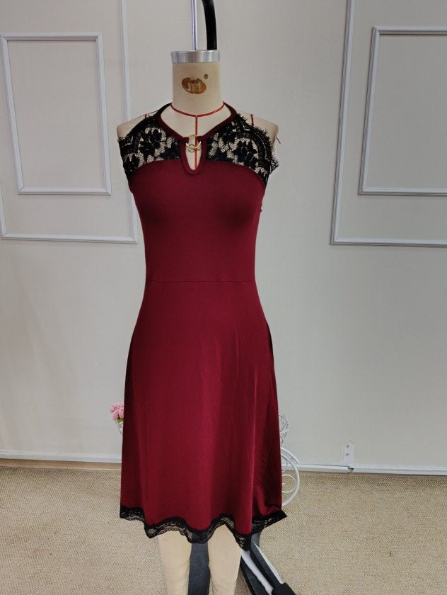 Rochie midi femininǎ din Vizcoză cu dantelă, cu umeri descoperiți, detaliu cu inel la gât, 36362