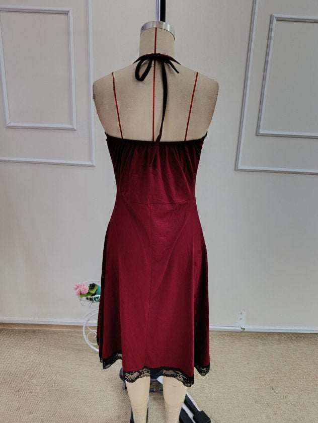 Rochie midi femininǎ din Vizcoză cu dantelă, cu umeri descoperiți, detaliu cu inel la gât, 36362