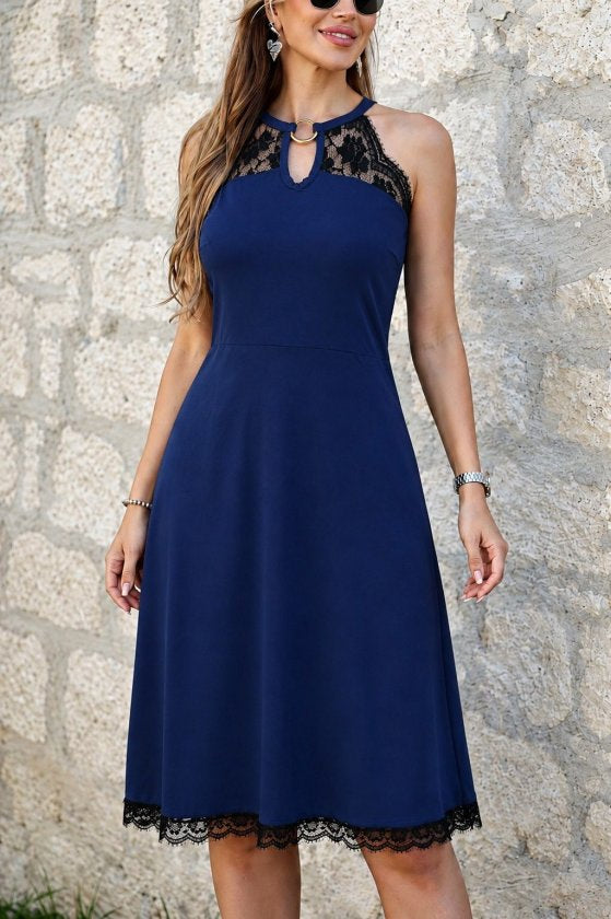 Rochie midi femininǎ din Vizcoză cu dantelă, cu umeri descoperiți, detaliu cu inel la gât, 36363