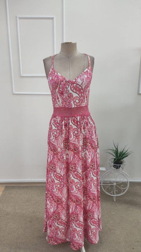 Rochie lungă femininǎ din Super cu model leopard, cu bretele din șnur, dantelă la talie și spate, 36365