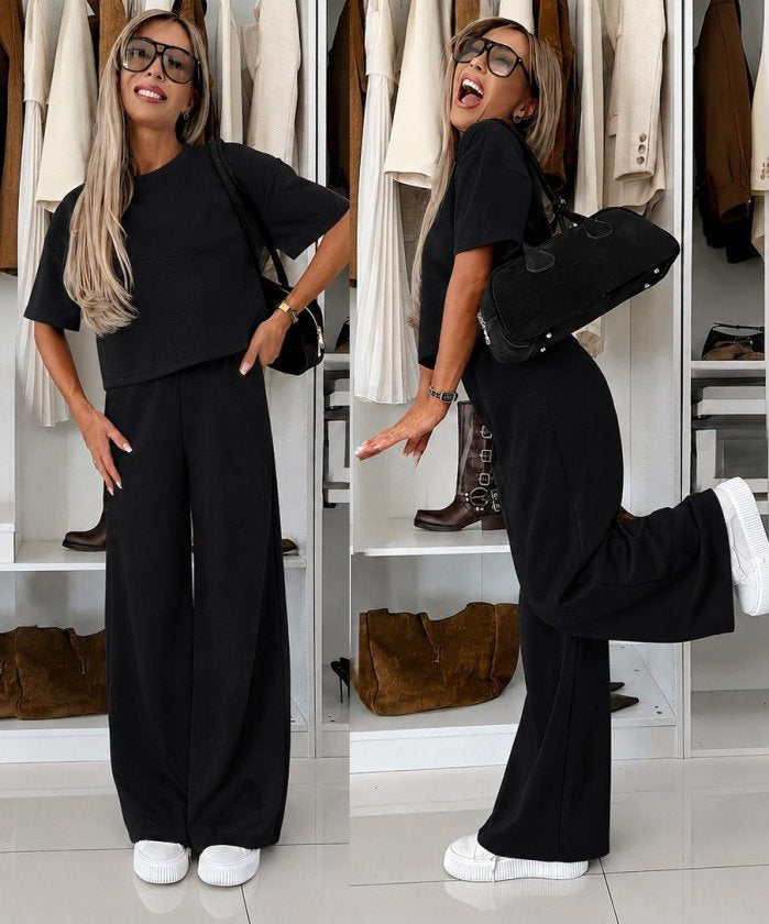Compleu feminin din Modal, cu mâneci scurte, guler în crâu, bluză și pantaloni, 36373