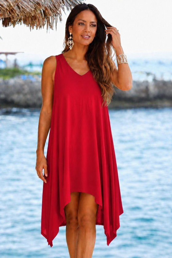 Rochie scurtă femininǎ din Vizcoză, cu bretele, guler V, decupaj asimetric, 36378