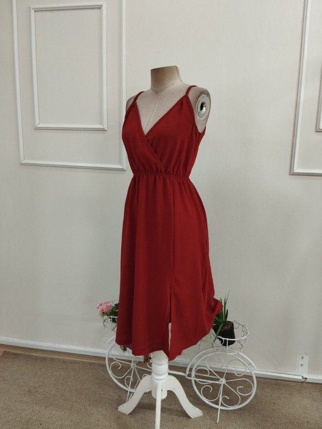Rochie Midi Aerobină cu Spaghete, Gât Croisé, Fermoar, 36935