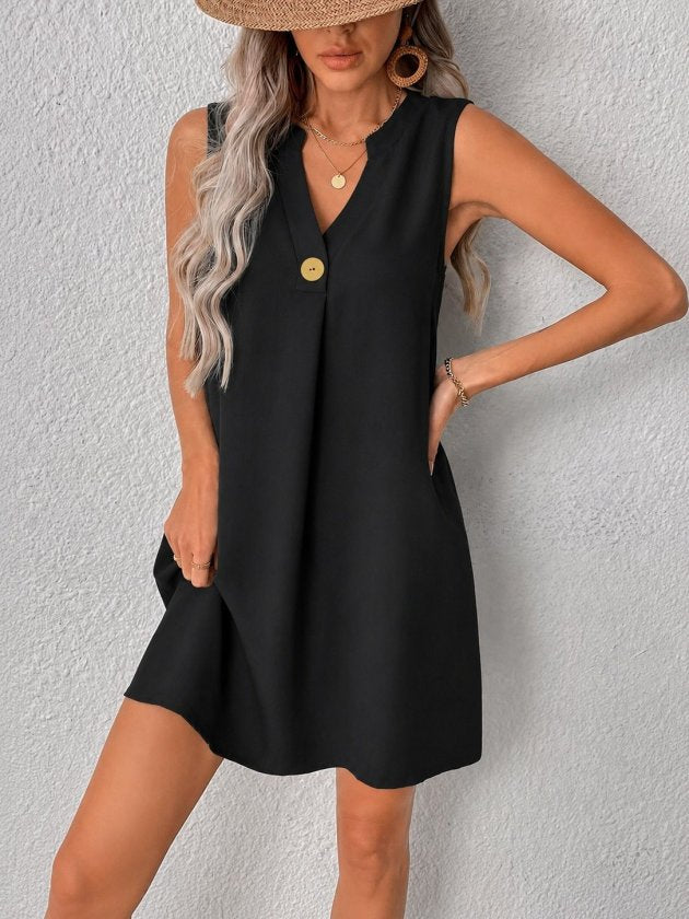 Women's Sleeveless V-Neck Buttoned Short Dress, 36423