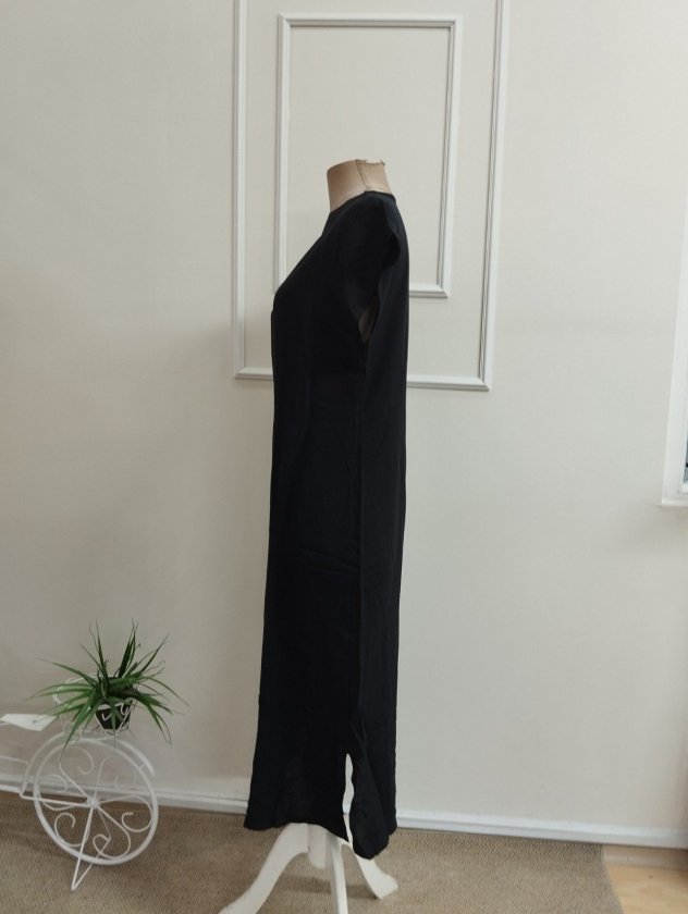 Rochie midi din viscon țesut cu mânecă scurtă, guler V, cu deschizătură pe laturi, 36482