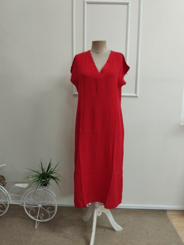 Rochie midi din viscon țesut cu mânecă scurtă, guler V, cu deschizătură pe laturi, 36483