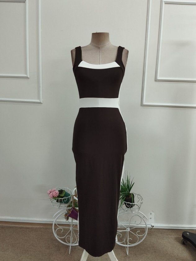 Rochie lungă din lycra cu bretele, guler geometric, detalii cu panglică, 36484