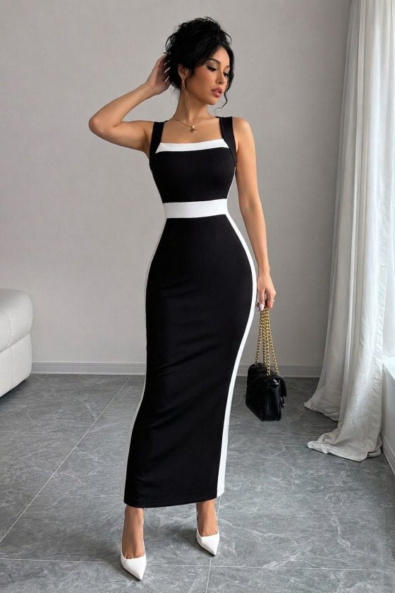 Rochie lungă din lycra cu bretele, guler geometric, detalii cu panglică, 36485