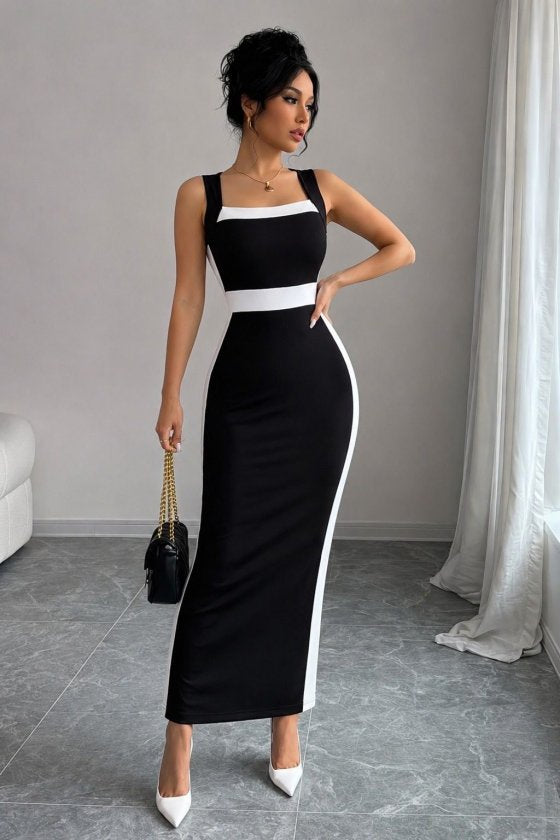 Rochie lungă din lycra cu bretele, guler geometric, detalii cu panglică, 36485