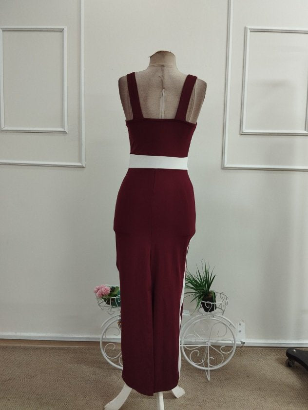 Kadın Askılı Geometrik Yakalı şerit Detaylı Uzun Dalgıç Elbise, 36486