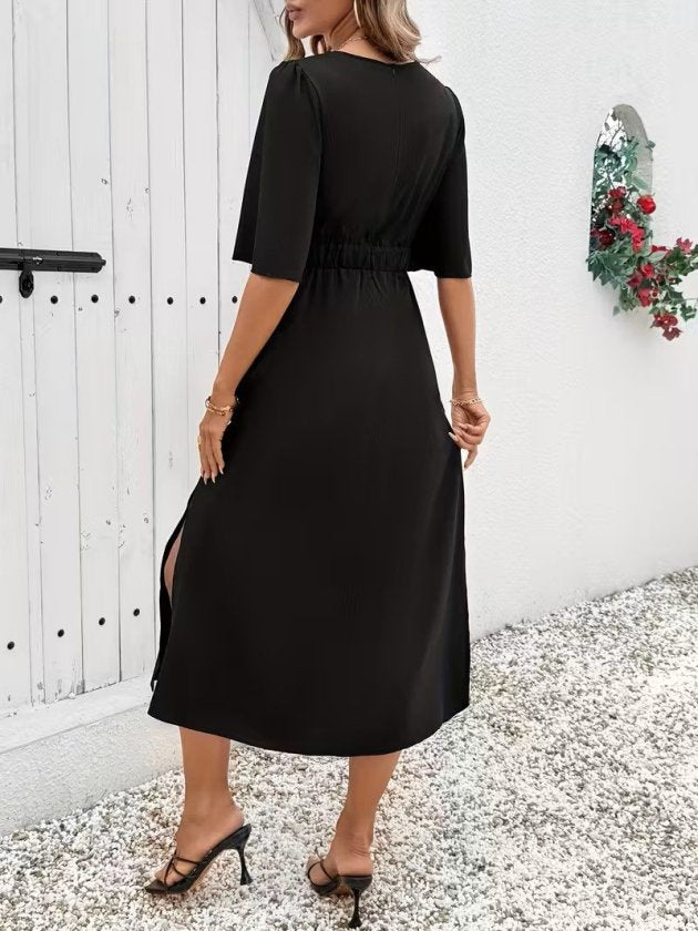 Rochie midi din Sandy cu mânecă scurtă, detalii sarmal pe față, cu deschizătură pe laturi, 36502