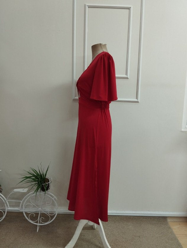 Rochie midi din Sandy cu mânecă scurtă, detalii sarmal pe față, cu deschizătură pe laturi, 36503