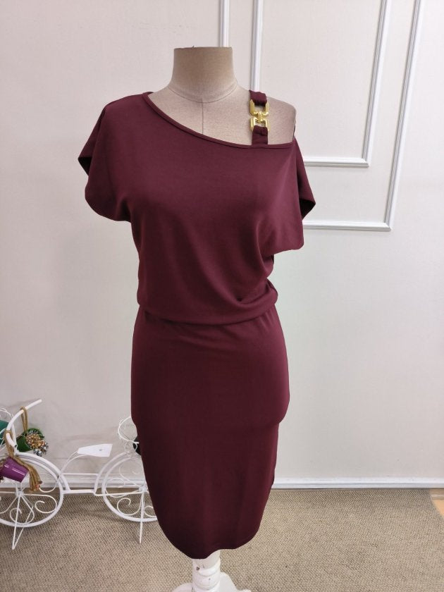 Rochie de Crep de Damă cu Mânecă Scurtă, Un Umăr, Detalii Accesorii și Talie Elastică, 36535