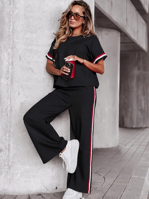 Compleu din viscon cu mânecă scurtă, guler rotund, cu nervuri, bluza și pantalon două piese, 36542