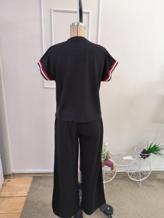 Compleu din viscon cu mânecă scurtă, guler rotund, cu nervuri, bluza și pantalon două piese, 36542