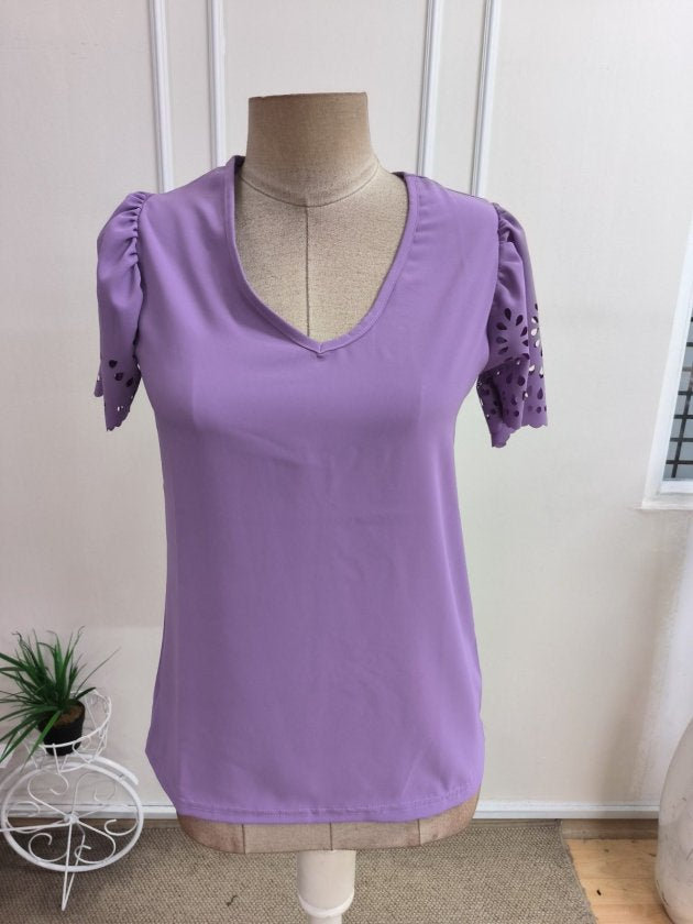 Bluza Dubai din viscon cu mânecă scurtă, guler V, mâneci cu dantelă, 36553