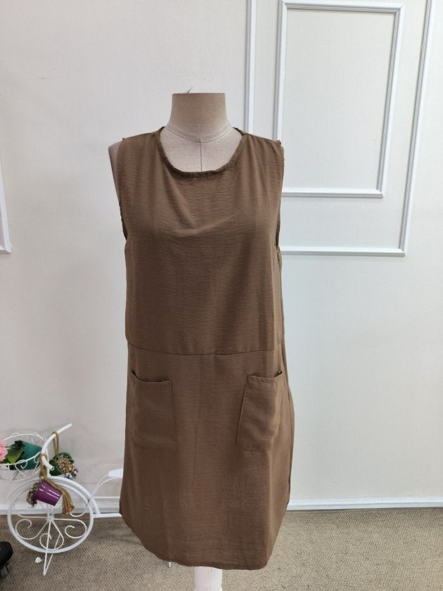 Rochie scurtă de in, de damă, cu mânecă scurtă, decolteu rotund, cu buzunare, 36576