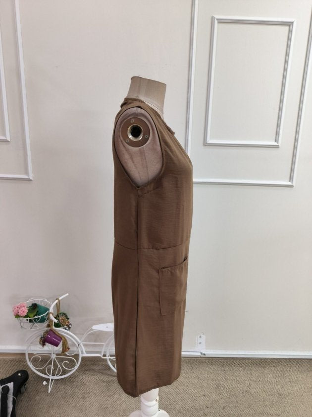 Rochie scurtă de in, de damă, cu mânecă scurtă, decolteu rotund, cu buzunare, 36576
