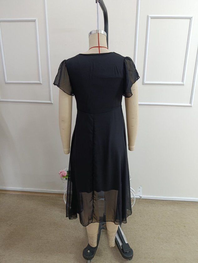 Rochie midi din șifon cu mânecă scurtă, guler V, căptușită, 36588
