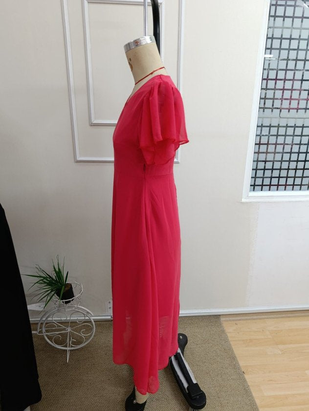 Rochie midi din șifon cu mânecă scurtă, guler V, căptușită, 36589