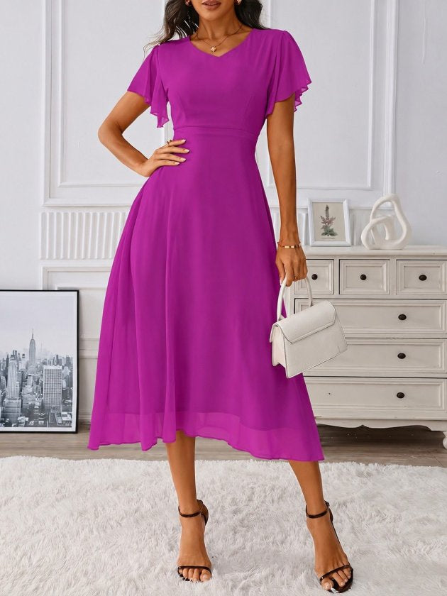 Rochie midi din șifon cu mânecă scurtă, guler V, căptușită, 36590