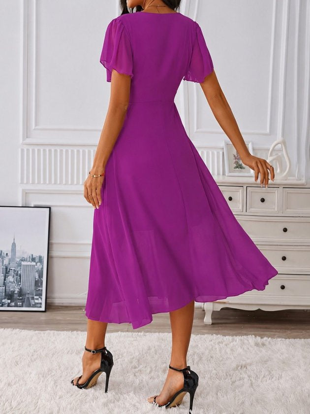 Rochie midi din șifon cu mânecă scurtă, guler V, căptușită, 36590