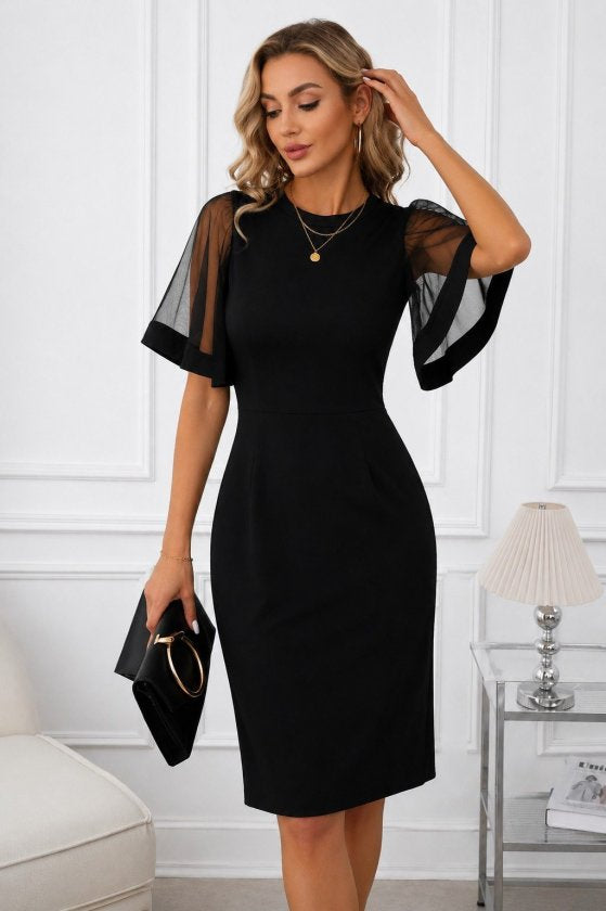 Rochie midi din crep importat cu mânecă scurtă, guler rotund, 36625