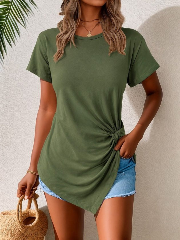 Bluza din viscon cu mânecă scurtă, guler rotund, croial asimetric cu detalii, 36637