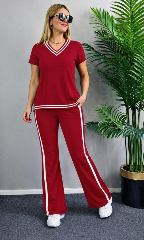 Compleu din viscon cu mânecă scurtă, guler V, bluza și pantalon două piese, 36671