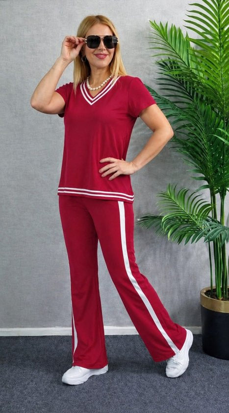 Compleu din viscon cu mânecă scurtă, guler V, bluza și pantalon două piese, 36671