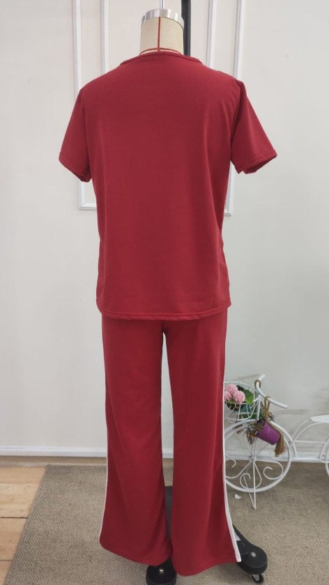 Compleu din viscon cu mânecă scurtă, guler V, bluza și pantalon două piese, 36671