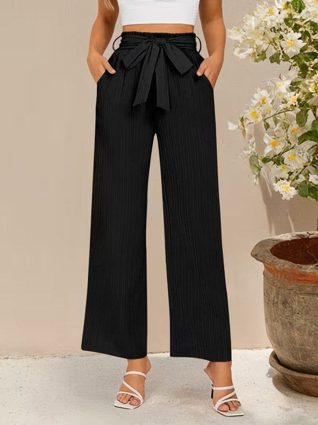 Pantalon din crinkăl cu talie înaltă, cu elastic și șnur, croial larg cu detalii, 36681