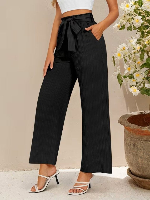 Pantalon din crinkăl cu talie înaltă, cu elastic și șnur, croial larg cu detalii, 36681