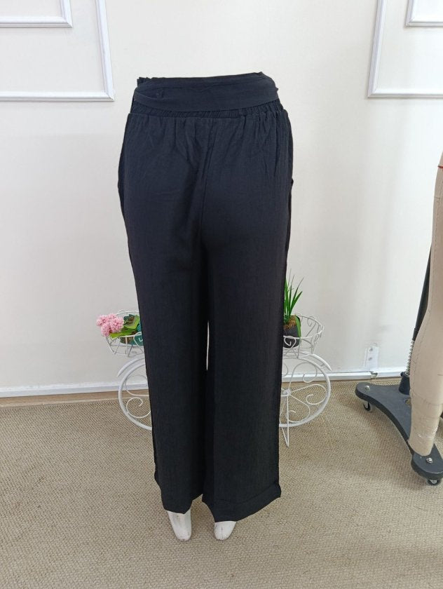 Pantalon din crinkăl cu talie înaltă, cu elastic și șnur, croial larg cu detalii, 36681