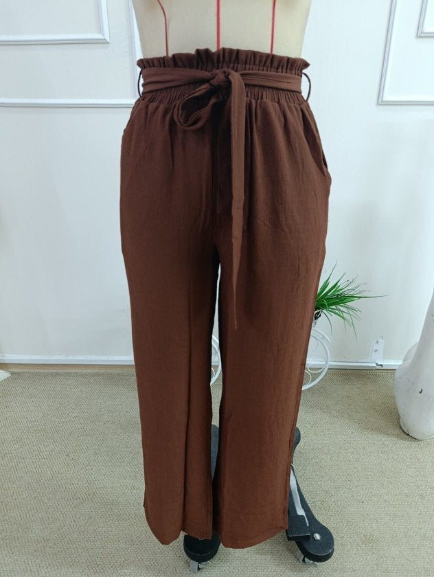 Pantalon din crinkăl cu talie înaltă, cu elastic și șnur, croial larg cu detalii, 36683