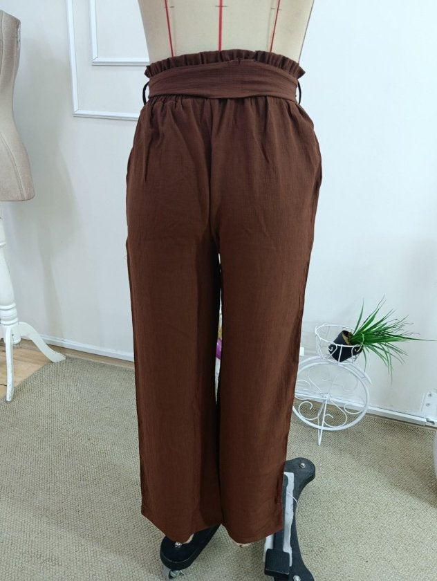 Pantalon din crinkăl cu talie înaltă, cu elastic și șnur, croial larg cu detalii, 36683