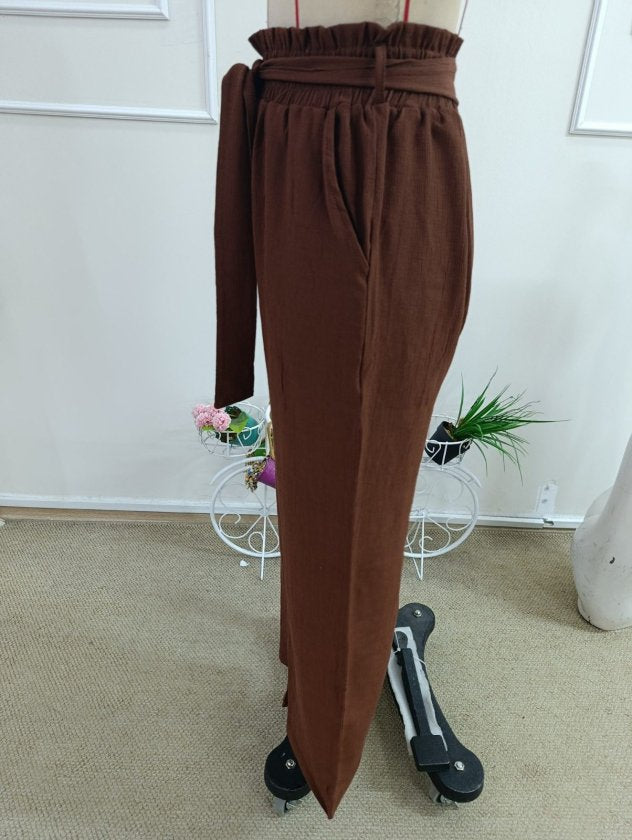 Pantalon din crinkăl cu talie înaltă, cu elastic și șnur, croial larg cu detalii, 36683
