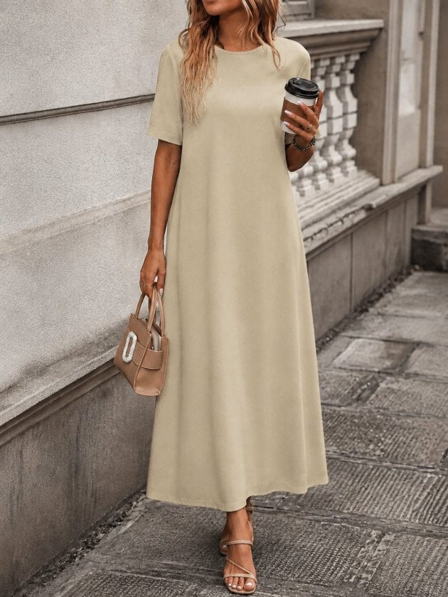 Rochie lungă din viscon cu mânecă scurtă, guler rotund, 36686