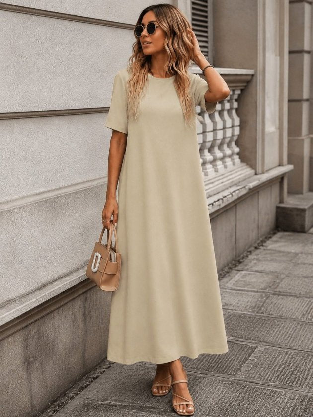Rochie lungă din viscon cu mânecă scurtă, guler rotund, 36686